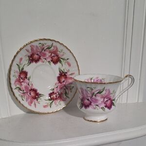 Pretty Pink and Purple Iris on this Paragon Teacup and Saucer